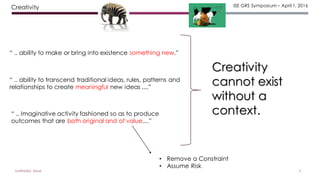 ISE GRS Symposium – April 1, 2016
9
Creativity
“ .. ability to make or bring into existence something new.”
“ .. ability to transcend traditional ideas, rules, patterns and
relationships to create meaningful new ideas ....”
“ .. Imaginative activity fashioned so as to produce
outcomes that are both original and of value....”
Creativity
cannot exist
without a
context.
• Remove a Constraint
• Assume Risk
SATYENDRA RANA
 