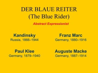 DER BLAUE REITER
(The Blue Rider)
Kandinsky
Russia, 1866–1944
Franz Marc
Germany, 1880–1916
Paul Klee
Germany, 1879–1940
Auguste Macke
Germany, 1887–1914
Abstract Expressionist
 