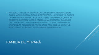FAMILIA DE MI PAPÁ
● MI ABUELITA SE LLAMA GRACIELA LÓPEZ ES UNA PERSONA BIEN
CARISMÁTICA QUIEN A SIDO IMPORTANTE EN LA FAMILIA YA QUE ES
LA EXPERIENCIA MISMA DE LA VIDA. TIENE 7 HERMANOS QUE SON:
ROBERTO, CARMEN, VICTOR, ANGEL, ANA, CRISTIAN Y DANIEL DE
LAS CUALES SOLO TRES HERMANOS INCLUYENDO MI PAPI SON
CASADOS. MI ABUELITO SE MURIÓ EN EL AÑO 2006 LO CUAL FUE
ALGO MUY DOLOROSO Y ES UNA FAMILIA BIEN UNIDA
 