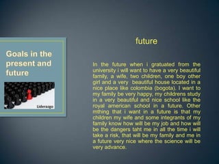 future

In the future when i gratuated from the
university i will want to have a very beautiful
family, a wife, two children, one boy other
girl and a very beautiful house located in a
nice place like colombia (bogota). I want to
my family be very happy, my childrens study
in a very beautiful and nice school like the
royal american school in a future. Other
mthing that i want in a future is that my
children my wife and some integrants of my
family know how will be my job and how will
be the dangers taht me in all the time i will
take a risk, that will be my family and me in
a future very nice where the science will be
very advance.
 