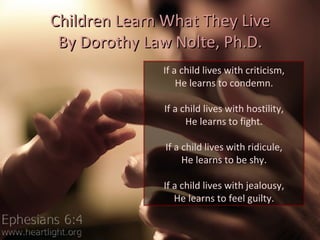 Children Learn What They Live By Dorothy Law Nolte, Ph.D. If a child lives with criticism, He learns to condemn. If a chil...