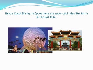 Next is Epcot Disney. In Epcot there are super cool rides like Sorrin
                          & The Ball Ride.
 