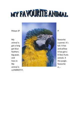 Pelayo 3º       P



My              favourite
animal is       a parrot. It´s
got a long      tail. It has
got blue        and yellow
feathers.       It has got a
big peak.       It likes fruits
and             cereals. It
lives in        the jungle.
My              favourite
animal is       a…
¡¡¡PARROT!!!.
 