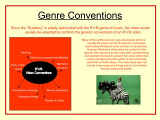 Genre Conventions
Since the “Rudeboy” is widely associated with the R’n’B genre of music, the video would
         usually be expected to conform the generic conventions of an R’n’B video.

                                               Many of the outfits worn are very provocative which is
                                                    usually the case in an R’n’B video for a character
                                                  (particularly female) to come across in a sexual way.
                                                   However Rihanna’s video does not conform to the
        Dancing                                 typical video structure as she uses both a performance
                                                 and abstract structure to present her video rather than
               Glamorous woman/man/lifestyle
                                                   using a narrative structure which is very commonly
                                                   used with in R’n’B videos. The video does also not
Party / Club                       Narrative
                                                   include many expensive things and is not revolved
   scene                           structure                     around money and wealth.




 Provocative character     Money orientated

      Expensive things
                          People of colour
 
