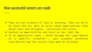 How successful careers are made
● They are not products of luck or planning .They are built
by those who are able to seize those opportunities that
match their own strengths , workstyles and values
● Analyze on opportunities and focus on the right few
● If an opportunity comes , think through the requirements
of a specific situation , your greatest potential
contribution and the results that must be achieved
 