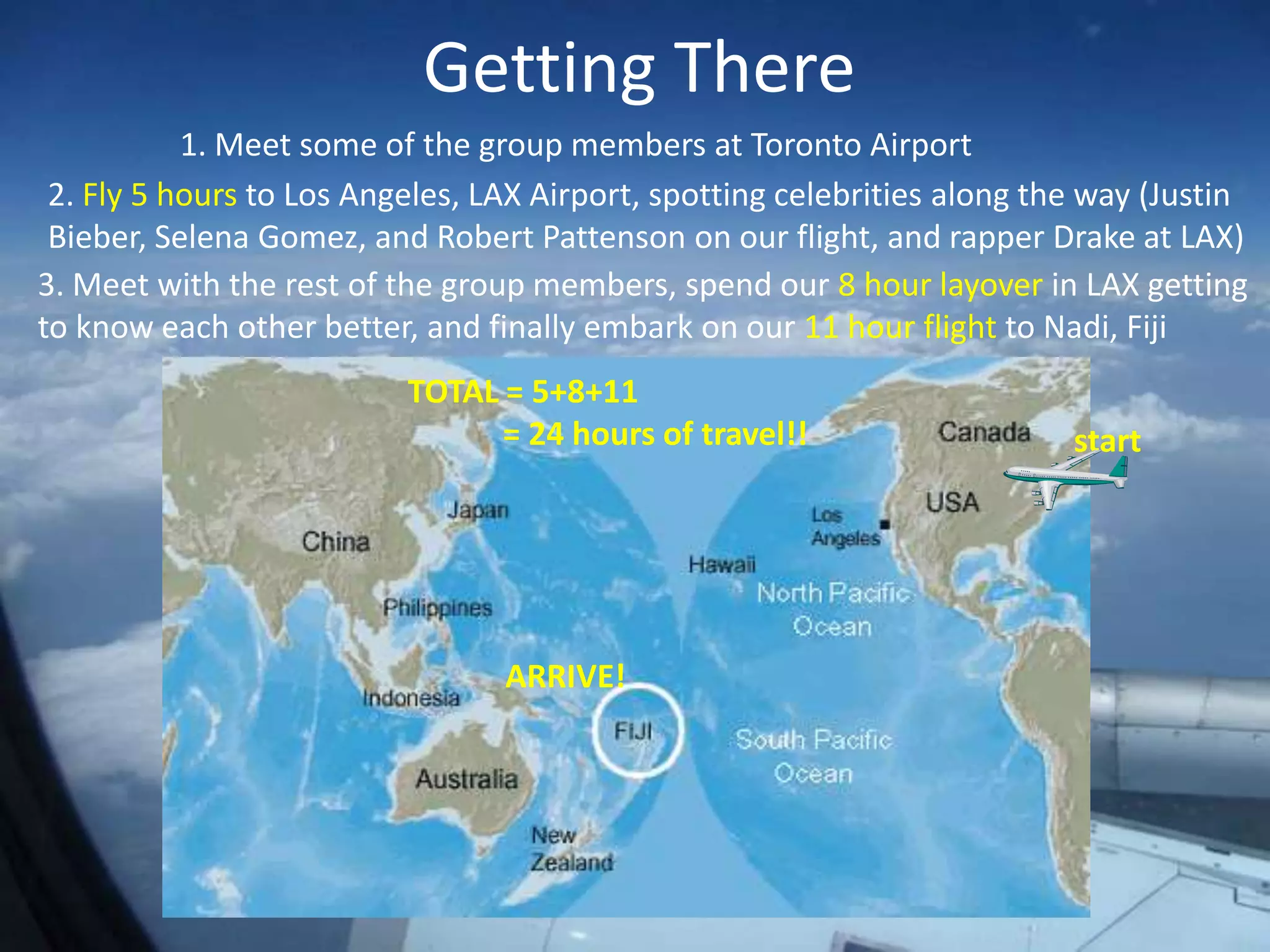 Getting There
           1. Meet some of the group members at Toronto Airport
 2. Fly 5 hours to Los Angeles, LAX Airport, spotting celebrities along the way (Justin
 Bieber, Selena Gomez, and Robert Pattenson on our flight, and rapper Drake at LAX)
3. Meet with the rest of the group members, spend our 8 hour layover in LAX getting
to know each other better, and finally embark on our 11 hour flight to Nadi, Fiji
                          TOTAL = 5+8+11
                                = 24 hours of travel!!                    start




                                 ARRIVE!
 