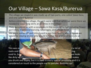 Our Village – Sawa Kasa/Burerua
• The village we stayed in was made up of two parts, one called Sawa Kasa,
  and one called Burerua
• Before entering the village, the girls were told that while we were there we
  needed to wear long skirts at all times in the village
• They welcomed us with a ceremony in the community hall including flower
  garnishes, traditional dancing, beverages, and a huge feast
• We were paired off and introduced to our host family, whose house we
  would be staying at and who would become like a second family to us



  This was our first experience with their native food, it included a lot of
  roots and leaves of the native plants. The food took some getting
  used to, but not nearly as much as their sacred drink, kava. Kava looks
  like dirty water, tastes like dirty water, numbs your mouth and makes
  you drunk and dopey, but it is used in every special ceremony and it is
  considered an insult to the people not to partake. Bottoms up!
 