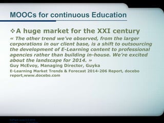 MOOCs for continuous Education
A huge market for the XXI century
« The other trend we’ve observed, from the larger
corporations in our client base, is a shift to outsourcing
the development of E-Learning content to professional
agencies rather than building in-house. We’re excited
about the landscape for 2014. »
Guy McEvoy, Managing Director, Guyka
E-Learning Market Trends & Forecast 2014-206 Report, docebo
report,www.docebo.com
EdTech June 2-3 2015
 