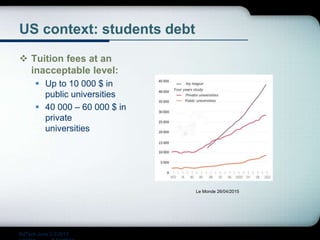 US context: students debt
 Tuition fees at an
inacceptable level:
 Up to 10 000 $ in
public universities
 40 000 – 60 000 $ in
private
universities
EdTech June 2-3 2015
Le Monde 26/04/2015
 
