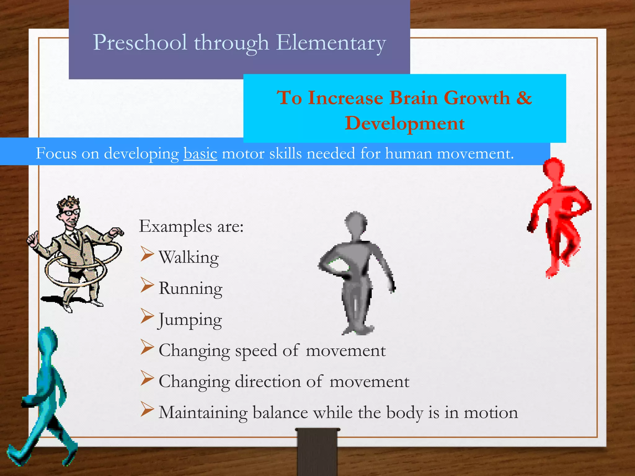 Preschool through Elementary
To Increase Brain Growth &
Development
Focus on developing basic motor skills needed for human movement.

Examples are:

 Walking
 Running
 Jumping
 Changing speed of movement
 Changing direction of movement
 Maintaining balance while the body is in motion

 