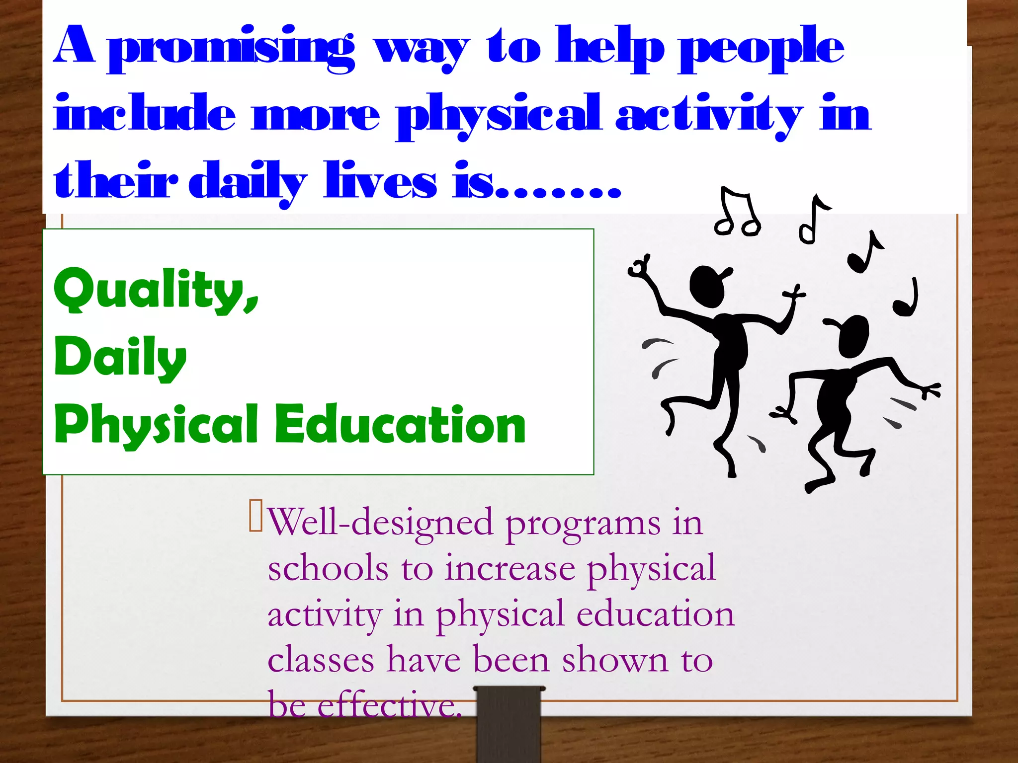 A promising way to help people
include more physical activity in
their daily lives is…….
Quality,
Daily
Physical Education
Well-designed programs in

schools to increase physical
activity in physical education
classes have been shown to
be effective.

 