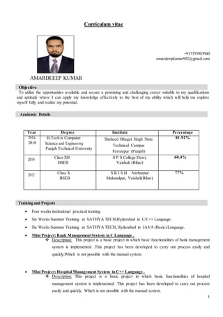 1
Curriculum vitae
+917355985940
amardeepkumar992@gmail.com
AMARDEEEP KUMAR
Objective
To utilize the opportunities available and secure a promising and challenging career suitable to my qualifications
and aptitude where I can apply my knowledge effectively to the best of my ability which will help me explore
myself fully and realize my potential.
Academic Details
Year Degree Institute Percentage
2014-
2018
B.Tech in Computer
Science and Engineering
Punjab Technical University
Shaheed Bhagat Singh State
Technical Campus
Ferozepur (Punjab)
81.92%
2014 Class XII
BSEB
S P S College Desri,
Vaishali (Bihar)
60.4%
2012 Class X
BSEB
S R I S H Narharpur
Mukundpur, Vaishali(Bihar)
77%
Training and Projects
 Four weeks institutional practical training.
 Six Weeks Summer Training at SATHYA TECH,Hyderabad in C/C++ Language.
 Six Weeks Summer Training at SATHYA TECH,Hyderabad in JAVA (Basic) Language.
 Mini Project: Bank Management System in C Language .
 Description: This project is a basic project in which basic functionalities of bank management
system is implemented .This project has been developed to carry out process easily and
quickly,Which is not possible with the manual system.
 Mini Project: Hospital Management System in C++ Language .
 Description: This project is a basic project in which basic functionalities of hospital
management system is implemented. This project has been developed to carry out process
easily and quickly, Which is not possible with the manual system.
 