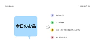 1
2
3
4
今日のお品
完成イメージ
システム構成
2021年6月1日
MDM株式会社
3分クッキング的に画面共有ハンズオン
あと片付け・告知
 