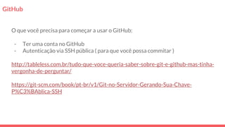 GitHub
O que você precisa para começar a usar o GitHub:
- Ter uma conta no GitHub
- Autenticação via SSH pública ( para que você possa commitar )
http://tableless.com.br/tudo-que-voce-queria-saber-sobre-git-e-github-mas-tinha-
vergonha-de-perguntar/
https://git-scm.com/book/pt-br/v1/Git-no-Servidor-Gerando-Sua-Chave-
P%C3%BAblica-SSH
 