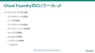 Cloud FoundryCLIĩ`: cf
? cf ޥɤǤǤ
? ɥݥȤָ
? `ָ
? `ک`ָ
? ץꥱ`ι
? `ӥι
? Buildpackι
? ץ饰ι
ʤɤʤ
http://docs.cloudfoundry.org/cf-cli/
 