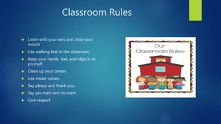 Classroom Rules
 Listen with your ears and close your
mouth
 Use walking feet in the classroom.
 Keep your hands, feet, and objects to
yourself.
 Clean up your center.
 Use inside voices.
 Say please and thank you.
 Say yes mam and no mam.
 Give respect
 