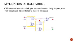 With the addition of an OR gate to combine their carry outputs, two
half adders can be combined to make a full adder
7
 