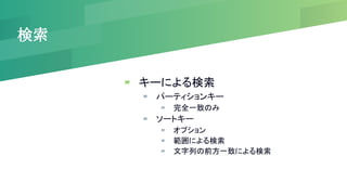 検索
▰ キーによる検索
▰ パーティションキー
▰ 完全一致のみ
▰ ソートキー
▰ オプション
▰ 範囲による検索
▰ 文字列の前方一致による検索
 