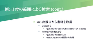 例: 日付の範囲による検索 (cont.)
▰ ex) 出版日から書籍を取得
▰ GSI2から
▰ QUERY(PK: ’BookPublishedAt’, SK < :date)
▰ Primary Indexから
▰ QUERY(PK: :book_id)
▰ GSI2のQUERYの結果から取得
 