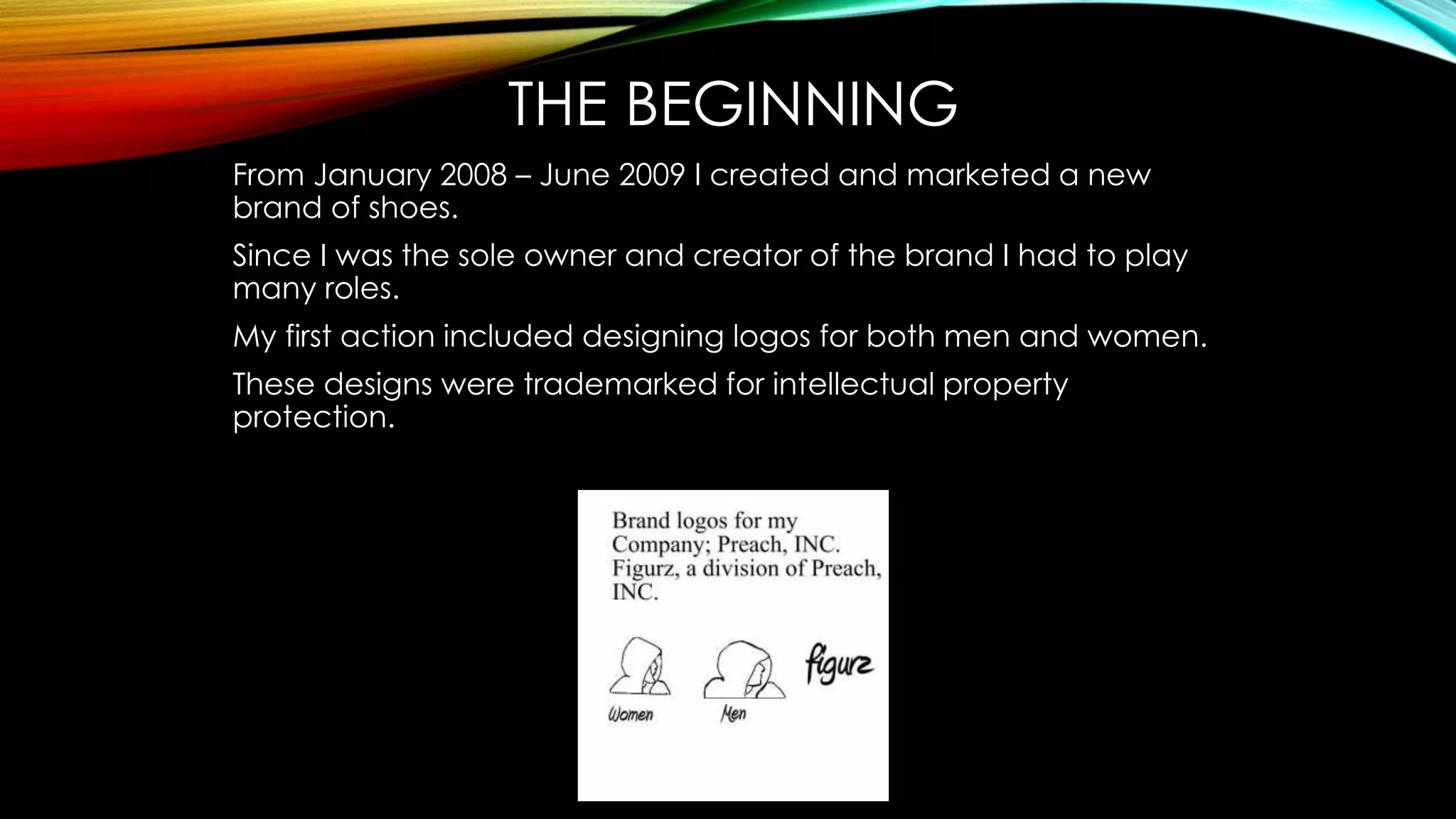 THE BEGINNING
From January 2008 – June 2009 I created and marketed a new
brand of shoes.
Since I was the sole owner and creator of the brand I had to play
many roles.
My first action included designing logos for both men and women.
These designs were trademarked for intellectual property
protection.