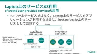 Laptop上のサービスの利用
• PCF Dev上サービスではなく、Laptop上のサービスをアプ
リケーションが利用する場合は、host.pcfdev.io上のサー
ビスとして登録する
local.pcfdev.io
(192.168.11.11)
host.pcfdev.io
(192.168.11.1)
PCF Dev VM Laptop
MySQL
API
gatewayKVS
APP
myapp.local.pcfdev.io
cf cups hostdb -b ...
cf bind-service myapp hostdb
cf restart myapp
(次のスライドで説明)
p-mysql
Routing
cf create-user-provided-servicesの応用
* localhost以外のアクセスを許可しておく
MySQLの場合:
mysql> GRANT ALL ON *.* TO pcfdev@'%' identified by ...';
 