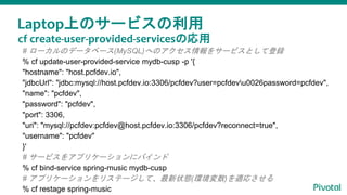 Laptop上のサービスの利用
# ローカルのデータベース(MySQL)へのアクセス情報をサービスとして登録
% cf update-user-provided-service mydb-cusp -p '{
"hostname": "host.pcfdev.io",
"jdbcUrl": "jdbc:mysql://host.pcfdev.io:3306/pcfdev?user=pcfdevu0026password=pcfdev",
"name": "pcfdev",
"password": "pcfdev",
"port": 3306,
"uri": "mysql://pcfdev:pcfdev@host.pcfdev.io:3306/pcfdev?reconnect=true",
"username": "pcfdev"
}'
# サービスをアプリケーションにバインド
% cf bind-service spring-music mydb-cusp
# アプリケーションをリステージして、最新状態(環境変数)を適応させる
% cf restage spring-music
cf create-user-provided-servicesの応用
 