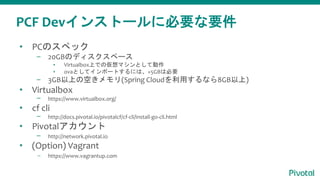 PCF Devインストールに必要な要件
• PCのスペック
– 20GBのディスクスペース
▪ Virtualbox上での仮想マシンとして動作
▪ ovaとしてインポートするには、+5GBは必要
– 3GB以上の空きメモリ(Spring Cloudを利用するなら8GB以上)
• Virtualbox
– https://www.virtualbox.org/
• cf cli
– http://docs.pivotal.io/pivotalcf/cf-cli/install-go-cli.html
• Pivotalアカウント
– http://network.pivotal.io
• (Option) Vagrant
– https://www.vagrantup.com
 