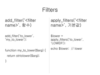 Filters
add_filter(‘<filter
name>’, 함수)
apply_filters(‘<filter
name>’, 기본값)
$lower =
apply_filters(‘to_lower’,
‘LOWER’);
echo $lower; // lower
add_filter(‘to_lower’,
‘my_to_lower’);
function my_to_lower($arg) {
return strtolower($arg);
}
 