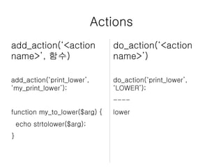 Actions
add_action(‘<action
name>’, 함수)
do_action(‘<action
name>’)
do_action(‘print_lower’,
‘LOWER’);
----
lower
add_action(‘print_lower’,
‘my_print_lower’);
function my_to_lower($arg) {
echo strtolower($arg);
}
 