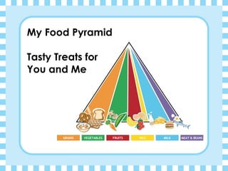 My Food Pyramid Tasty Treats for You and Me GRAINS VEGETABLES FRUITS OILS MILK MEAT & BEANS 