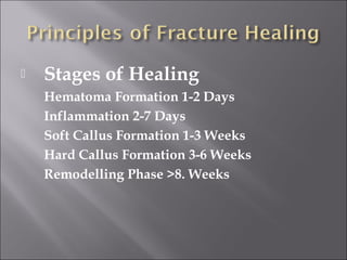  Stages of Healing
Hematoma Formation 1-2 Days
Inflammation 2-7 Days
Soft Callus Formation 1-3 Weeks
Hard Callus Formation 3-6 Weeks
Remodelling Phase >8. Weeks
 