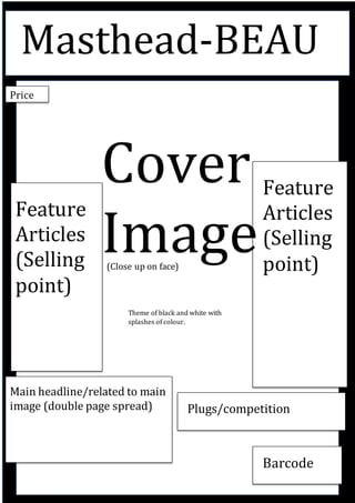 Masthead-BEAU
Price
Feature
Articles
(Selling
point)
Feature
Articles
(Selling
point)
Main headline/related to main
image (double page spread) Plugs/competition
Barcode
Cover
Image
Theme of black and white with
splashes of colour.
(Close up on face)
 