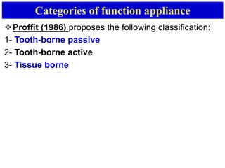 Categories of function appliance
Proffit (1986) proposes the following classification:
1- Tooth-borne passive
2- Tooth-borne active
3- Tissue borne
 