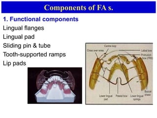 Components of FA s.
1. Functional components
Lingual flanges
Lingual pad
Sliding pin & tube
Tooth-supported ramps
Lip pads
 