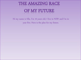 Hi my name is Ella, I'm 10 years old, I live in NSW and I'm in
year five. Here is the plan for my future.
 