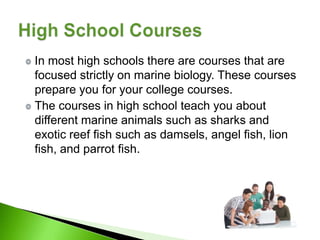 In most high schools there are courses that are
focused strictly on marine biology. These courses
prepare you for your college courses.
The courses in high school teach you about
different marine animals such as sharks and
exotic reef fish such as damsels, angel fish, lion
fish, and parrot fish.
 