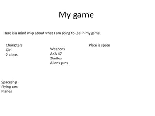 My game
Here is a mind map about what I am going to use in my game.

Characters
Girl
2 aliens

Spaceship
Flying cars
Planes

Weapons
AKA 47
2knifes
Aliens guns

Place is space

 