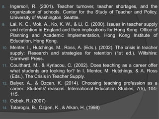 8. Ingersoll, R. (2001). Teacher turnover, teacher shortages, and the
organization of schools. Center for the Study of Teacher and Policy.
University of Washington, Seattle.
9. Lai, K. C., Mok, A., Ko, K. W., & Li, C. (2000). Issues in teacher supply
and retention in England and their implications for Hong Kong. Office of
Planning and Academic Implementation, Hong Kong Institute of
Education, Hong Kong.
10. Menter, I., Hutchings, M., Ross, A. (Eds.). (2002). The crisis in teacher
supply: Research and strategies for retention (1st ed.). Wiltshire:
Cormwell Press.
11. Coulthard, M., & Kyriacou, C. (2002). Does teaching as a career offer
what students are looking for? In I. Menter, M. Hutchings, & A. Ross
(Eds.), The Crisis in Teacher Supply.
12. Balyer, A., & Özcan, K. (2014). Choosing teaching profession as a
career: Students' reasons. International Education Studies, 7(5), 104-
115.
13. Ozbek, R. (2007)
14. Tataroglu, B., Ozgen, K., & Alkan, H. (1998)
 