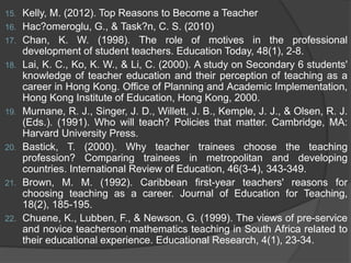 15. Kelly, M. (2012). Top Reasons to Become a Teacher
16. Hac?omeroglu, G., & Task?n, C. S. (2010)
17. Chan, K. W. (1998). The role of motives in the professional
development of student teachers. Education Today, 48(1), 2-8.
18. Lai, K. C., Ko, K. W., & Li, C. (2000). A study on Secondary 6 students'
knowledge of teacher education and their perception of teaching as a
career in Hong Kong. Office of Planning and Academic Implementation,
Hong Kong Institute of Education, Hong Kong, 2000.
19. Murnane, R. J., Singer, J. D., Willett, J. B., Kemple, J. J., & Olsen, R. J.
(Eds.). (1991). Who will teach? Policies that matter. Cambridge, MA:
Harvard University Press.
20. Bastick, T. (2000). Why teacher trainees choose the teaching
profession? Comparing trainees in metropolitan and developing
countries. International Review of Education, 46(3-4), 343-349.
21. Brown, M. M. (1992). Caribbean first-year teachers' reasons for
choosing teaching as a career. Journal of Education for Teaching,
18(2), 185-195.
22. Chuene, K., Lubben, F., & Newson, G. (1999). The views of pre-service
and novice teacherson mathematics teaching in South Africa related to
their educational experience. Educational Research, 4(1), 23-34.
 