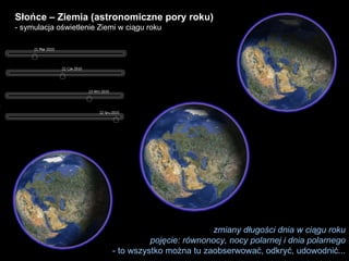 Słońce – Ziemia (astronomiczne pory roku) - symulacja oświetlenie Ziemi w ciągu roku zmiany długości dnia w ciągu roku pojęcie: równonocy, nocy polarnej i dnia polarnego - to wszystko można tu zaobserwować, odkryć, udowodnić... 