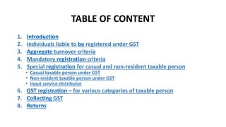 TABLE OF CONTENT
1. Introduction
2. Individuals liable to be registered under GST
3. Aggregate turnover criteria
4. Mandatory registration criteria
5. Special registration for casual and non-resident taxable person
• Casual taxable person under GST
• Non-resident taxable person under GST
• Input service distributor
6. GST registration – for various categories of taxable person
7. Collecting GST
8. Returns
 