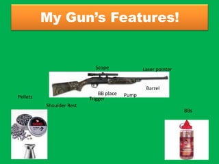 My Gun’s Features!            ScopeLaser pointerBarrel BB placePump     PelletsTriggerShoulder Rest           BBs