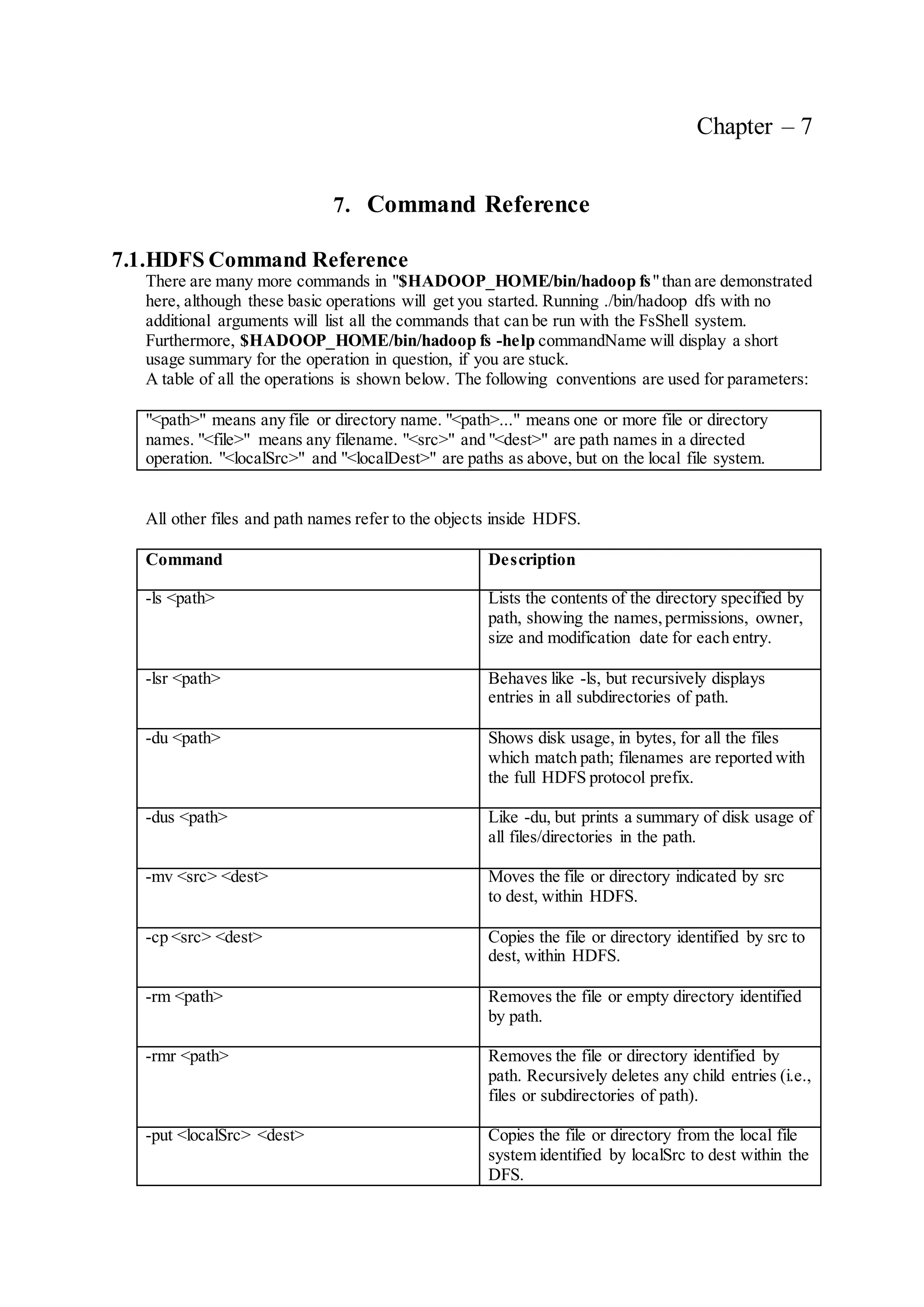 Chapter – 7
7. Command Reference
7.1.HDFS Command Reference
There are many more commands in "$HADOOP_HOME/bin/hadoop fs"than are demonstrated
here, although these basic operations will get you started. Running ./bin/hadoop dfs with no
additional arguments will list all the commands that can be run with the FsShell system.
Furthermore, $HADOOP_HOME/bin/hadoop fs -help commandName will display a short
usage summary for the operation in question, if you are stuck.
A table of all the operations is shown below. The following conventions are used for parameters:
"<path>" means any file or directory name. "<path>..." means one or more file or directory
names. "<file>" means any filename. "<src>" and "<dest>" are path names in a directed
operation. "<localSrc>" and "<localDest>" are paths as above, but on the local file system.
All other files and path names refer to the objects inside HDFS.
Command Description
-ls <path> Lists the contents of the directory specified by
path, showing the names,permissions, owner,
size and modification date for each entry.
-lsr <path> Behaves like -ls, but recursively displays
entries in all subdirectories of path.
-du <path> Shows disk usage, in bytes, for all the files
which match path; filenames are reported with
the full HDFS protocol prefix.
-dus <path> Like -du, but prints a summary of disk usage of
all files/directories in the path.
-mv <src> <dest> Moves the file or directory indicated by src
to dest, within HDFS.
-cp <src> <dest> Copies the file or directory identified by src to
dest, within HDFS.
-rm <path> Removes the file or empty directory identified
by path.
-rmr <path> Removes the file or directory identified by
path. Recursively deletes any child entries (i.e.,
files or subdirectories of path).
-put <localSrc> <dest> Copies the file or directory from the local file
system identified by localSrc to dest within the
DFS.
 