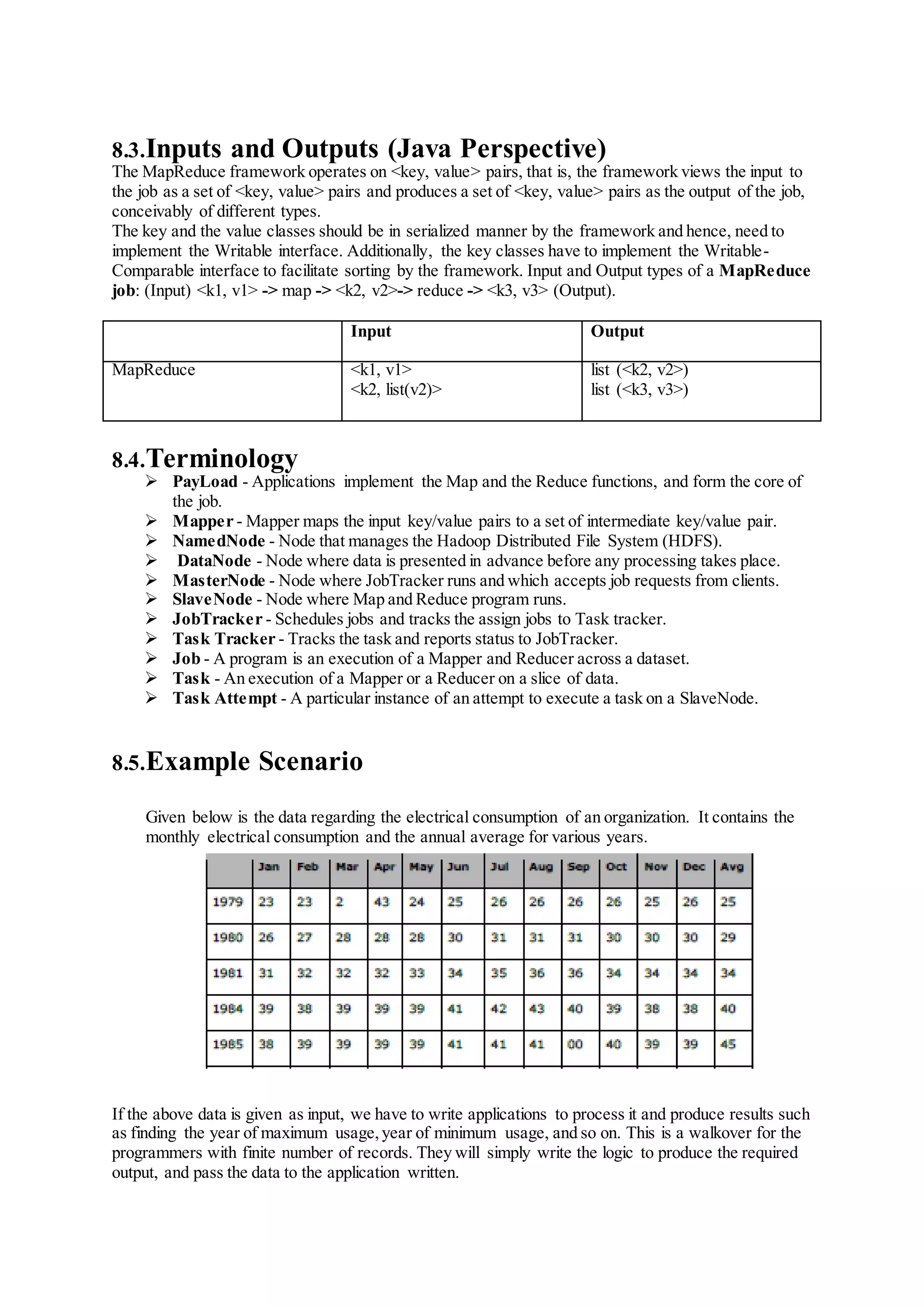8.3.Inputs and Outputs (Java Perspective)
The MapReduce framework operates on <key, value> pairs, that is, the framework views the input to
the job as a set of <key, value> pairs and produces a set of <key, value> pairs as the output of the job,
conceivably of different types.
The key and the value classes should be in serialized manner by the framework and hence, need to
implement the Writable interface. Additionally, the key classes have to implement the Writable-
Comparable interface to facilitate sorting by the framework. Input and Output types of a MapReduce
job: (Input) <k1, v1> -> map -> <k2, v2>-> reduce -> <k3, v3> (Output).
Input Output
MapReduce <k1, v1>
<k2, list(v2)>
list (<k2, v2>)
list (<k3, v3>)
8.4.Terminology
 PayLoad - Applications implement the Map and the Reduce functions, and form the core of
the job.
 Mapper - Mapper maps the input key/value pairs to a set of intermediate key/value pair.
 NamedNode - Node that manages the Hadoop Distributed File System (HDFS).
 DataNode - Node where data is presented in advance before any processing takes place.
 MasterNode - Node where JobTracker runs and which accepts job requests from clients.
 SlaveNode - Node where Map and Reduce program runs.
 JobTracker - Schedules jobs and tracks the assign jobs to Task tracker.
 Task Tracker - Tracks the task and reports status to JobTracker.
 Job - A program is an execution of a Mapper and Reducer across a dataset.
 Task - An execution of a Mapper or a Reducer on a slice of data.
 Task Attempt - A particular instance of an attempt to execute a task on a SlaveNode.
8.5.Example Scenario
Given below is the data regarding the electrical consumption of an organization. It contains the
monthly electrical consumption and the annual average for various years.
If the above data is given as input, we have to write applications to process it and produce results such
as finding the year of maximum usage,year of minimum usage, and so on. This is a walkover for the
programmers with finite number of records. They will simply write the logic to produce the required
output, and pass the data to the application written.
 