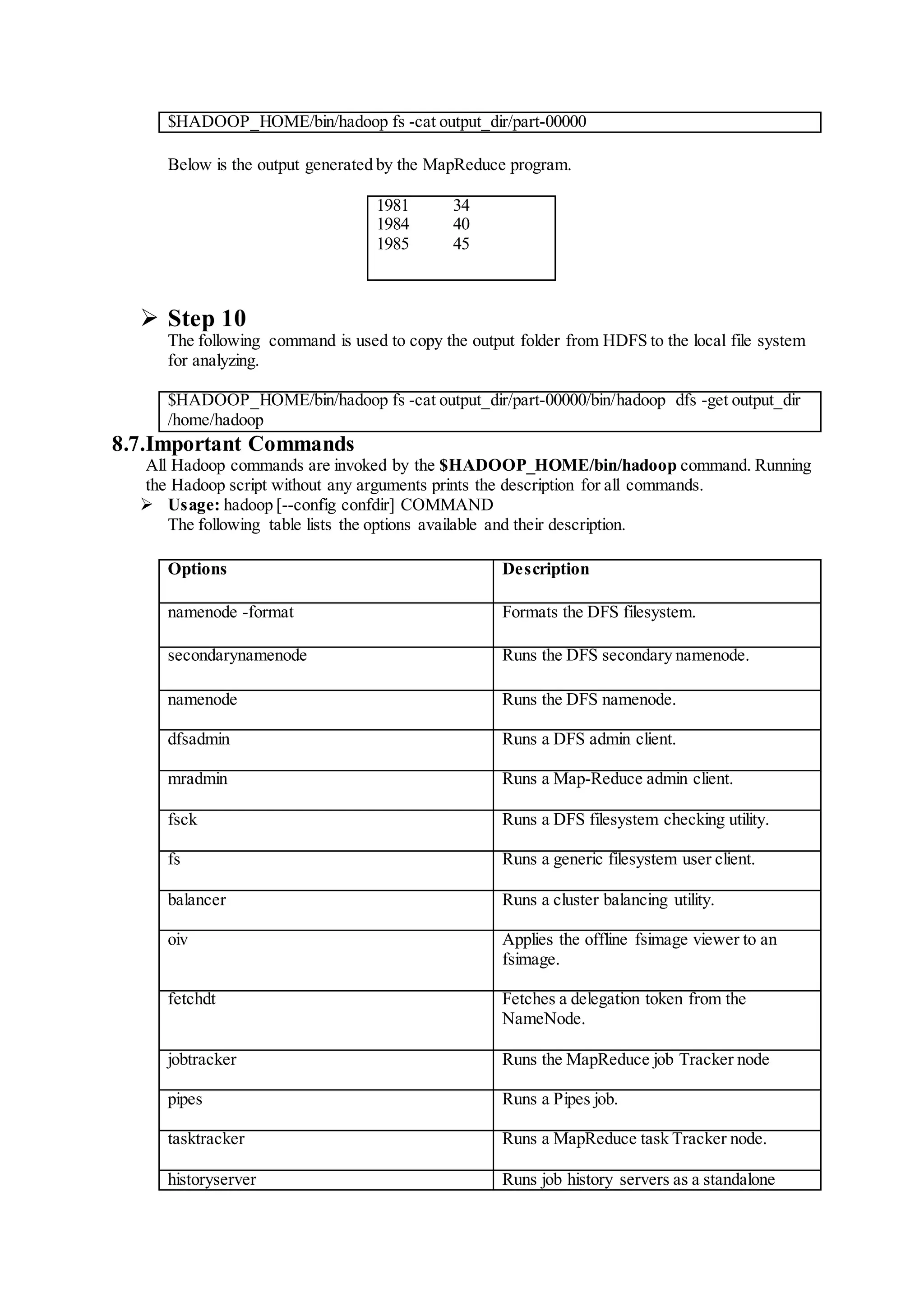 $HADOOP_HOME/bin/hadoop fs -cat output_dir/part-00000
Below is the output generated by the MapReduce program.
 Step 10
The following command is used to copy the output folder from HDFS to the local file system
for analyzing.
$HADOOP_HOME/bin/hadoop fs -cat output_dir/part-00000/bin/hadoop dfs -get output_dir
/home/hadoop
8.7.Important Commands
All Hadoop commands are invoked by the $HADOOP_HOME/bin/hadoop command. Running
the Hadoop script without any arguments prints the description for all commands.
 Usage: hadoop [--config confdir] COMMAND
The following table lists the options available and their description.
Options Description
namenode -format Formats the DFS filesystem.
secondarynamenode Runs the DFS secondary namenode.
namenode Runs the DFS namenode.
dfsadmin Runs a DFS admin client.
mradmin Runs a Map-Reduce admin client.
fsck Runs a DFS filesystem checking utility.
fs Runs a generic filesystem user client.
balancer Runs a cluster balancing utility.
oiv Applies the offline fsimage viewer to an
fsimage.
fetchdt Fetches a delegation token from the
NameNode.
jobtracker Runs the MapReduce job Tracker node
pipes Runs a Pipes job.
tasktracker Runs a MapReduce task Tracker node.
historyserver Runs job history servers as a standalone
1981 34
1984 40
1985 45
 