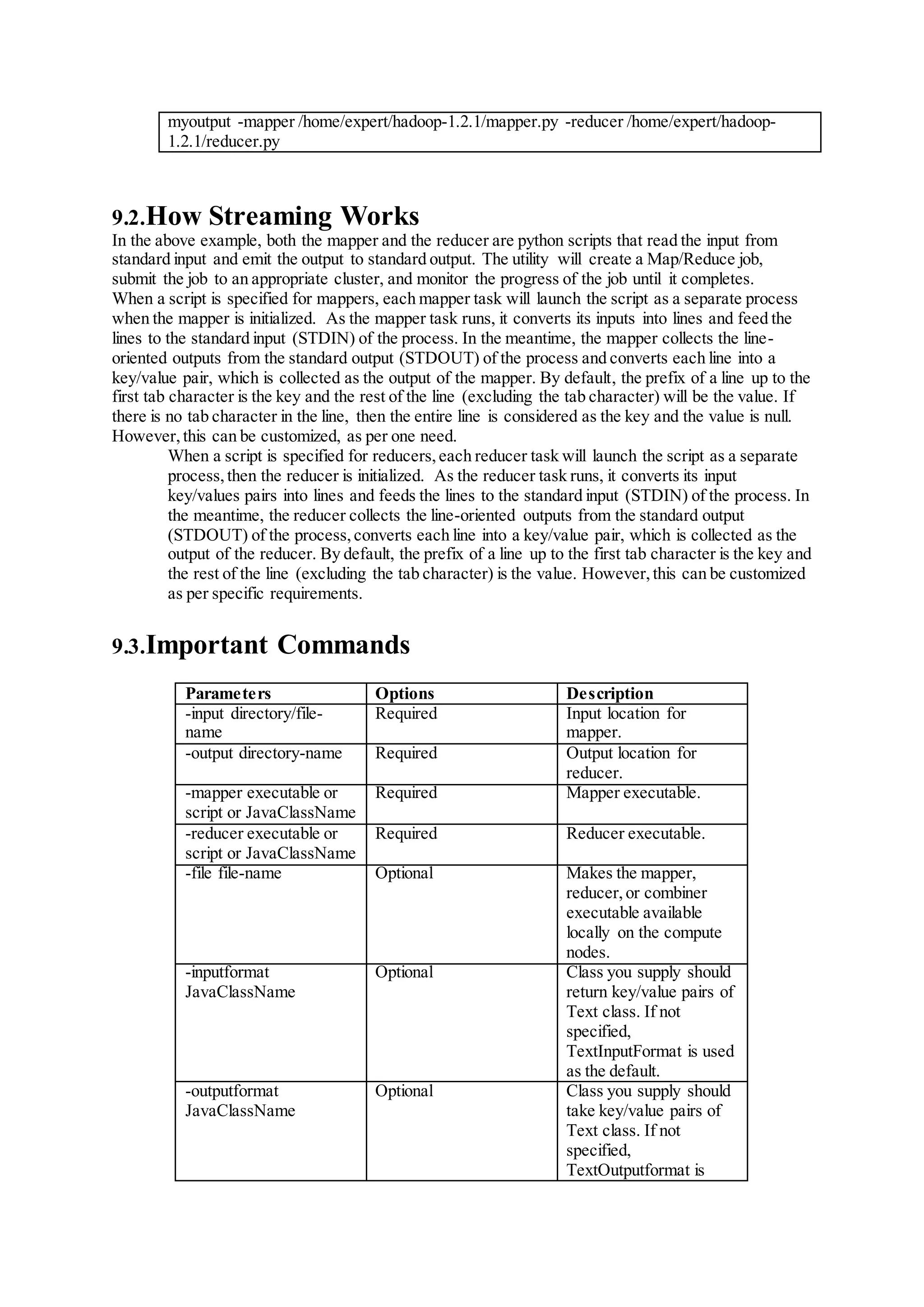myoutput -mapper /home/expert/hadoop-1.2.1/mapper.py -reducer /home/expert/hadoop-
1.2.1/reducer.py
9.2.How Streaming Works
In the above example, both the mapper and the reducer are python scripts that read the input from
standard input and emit the output to standard output. The utility will create a Map/Reduce job,
submit the job to an appropriate cluster, and monitor the progress of the job until it completes.
When a script is specified for mappers, each mapper task will launch the script as a separate process
when the mapper is initialized. As the mapper task runs, it converts its inputs into lines and feed the
lines to the standard input (STDIN) of the process. In the meantime, the mapper collects the line-
oriented outputs from the standard output (STDOUT) of the process and converts each line into a
key/value pair, which is collected as the output of the mapper. By default, the prefix of a line up to the
first tab character is the key and the rest of the line (excluding the tab character) will be the value. If
there is no tab character in the line, then the entire line is considered as the key and the value is null.
However,this can be customized, as per one need.
When a script is specified for reducers,each reducer task will launch the script as a separate
process,then the reducer is initialized. As the reducer task runs, it converts its input
key/values pairs into lines and feeds the lines to the standard input (STDIN) of the process. In
the meantime, the reducer collects the line-oriented outputs from the standard output
(STDOUT) of the process,converts each line into a key/value pair, which is collected as the
output of the reducer. By default, the prefix of a line up to the first tab character is the key and
the rest of the line (excluding the tab character) is the value. However,this can be customized
as per specific requirements.
9.3.Important Commands
Parameters Options Description
-input directory/file-
name
Required Input location for
mapper.
-output directory-name Required Output location for
reducer.
-mapper executable or
script or JavaClassName
Required Mapper executable.
-reducer executable or
script or JavaClassName
Required Reducer executable.
-file file-name Optional Makes the mapper,
reducer,or combiner
executable available
locally on the compute
nodes.
-inputformat
JavaClassName
Optional Class you supply should
return key/value pairs of
Text class. If not
specified,
TextInputFormat is used
as the default.
-outputformat
JavaClassName
Optional Class you supply should
take key/value pairs of
Text class. If not
specified,
TextOutputformat is
 