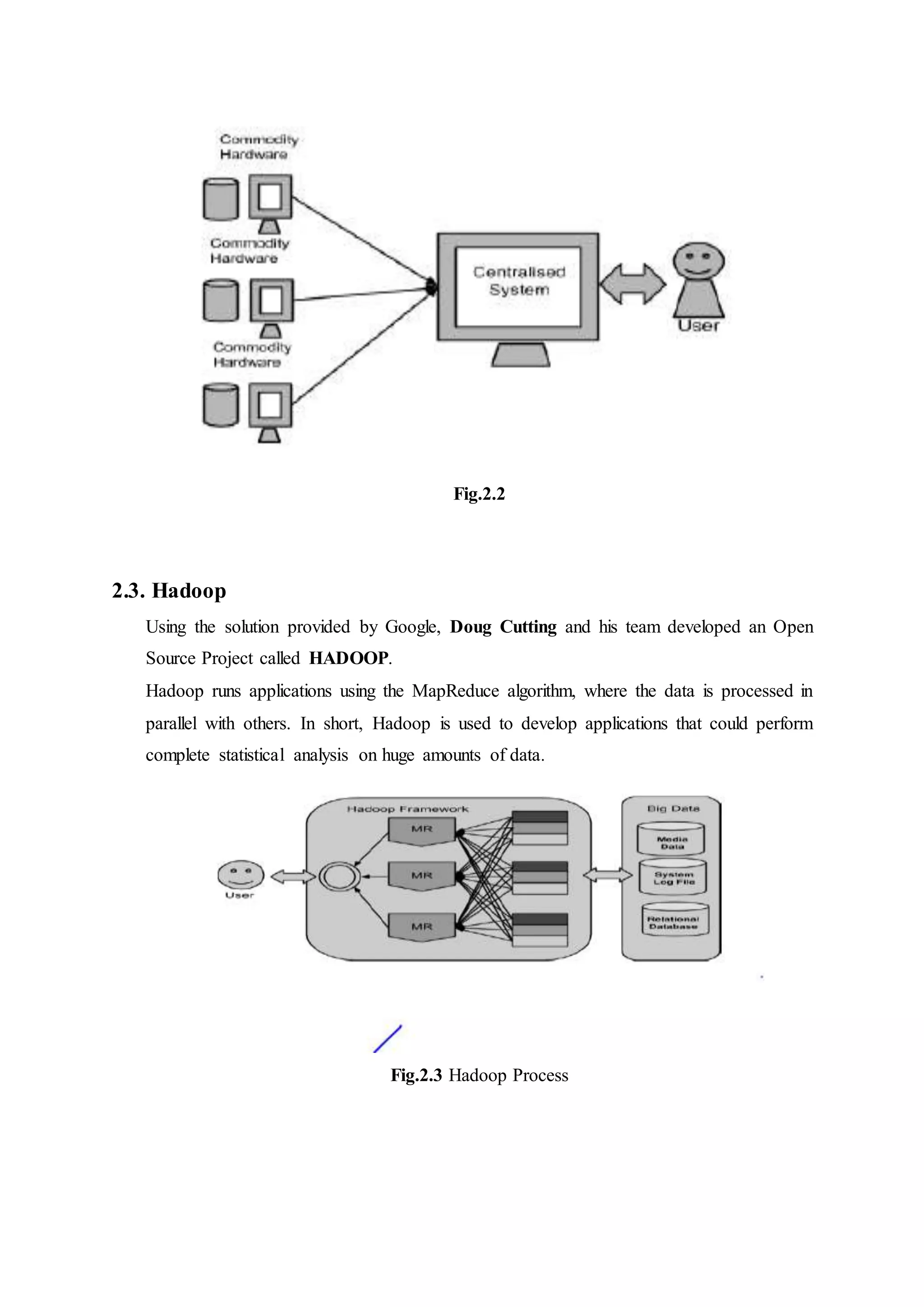 Fig.2.2
2.3. Hadoop
Using the solution provided by Google, Doug Cutting and his team developed an Open
Source Project called HADOOP.
Hadoop runs applications using the MapReduce algorithm, where the data is processed in
parallel with others. In short, Hadoop is used to develop applications that could perform
complete statistical analysis on huge amounts of data.
Fig.2.3 Hadoop Process
 