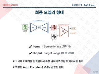 2019
/84
# - GAN & Unet
Input : Source Image ( )
Output : Target Image ( )
#
# Auto Encoder & GAN
46
 