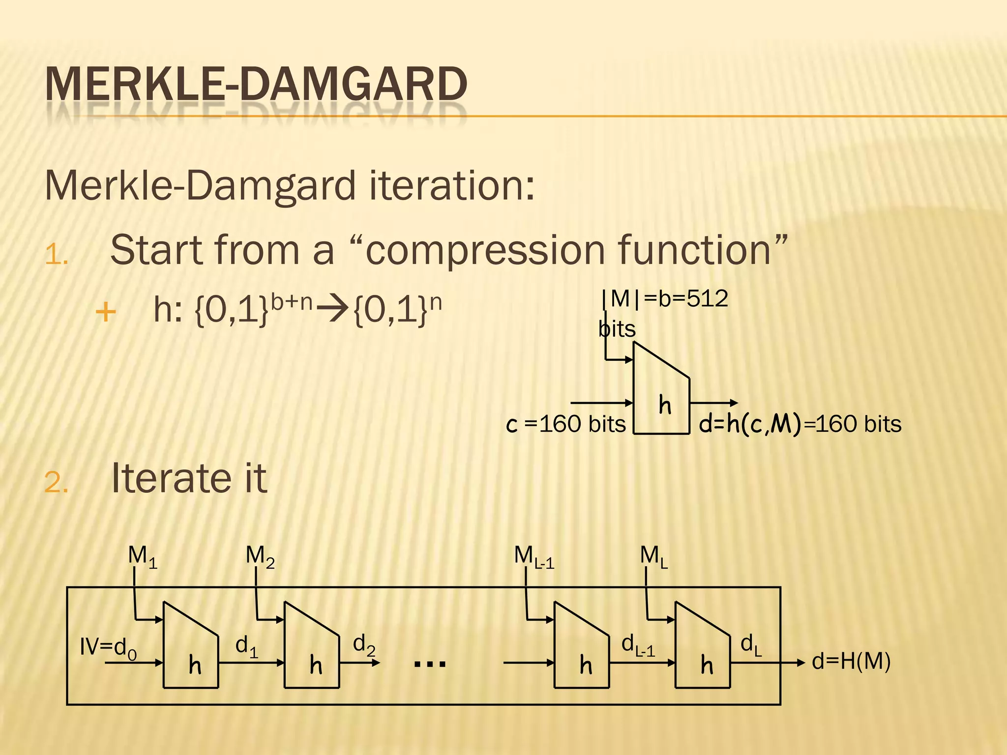 MERKLE-DAMGARD
Merkle-Damgard iteration:
1. Start from a “compression function”
                                                |M|=b=512
            h: {0,1}b+n{0,1}n                 bits


                                                        h
                                     c =160 bits            d=h(c,M)=160 bits

2.     Iterate it
          M1       M2                ML-1          ML


     IV=d0
               h
                   d1
                        h
                            d2
                                 …          h
                                                 dL-1
                                                            h
                                                                dL
                                                                     d=H(M)
 