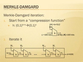 MERKLE-DAMGARD
Merkle-Damgard iteration:
1. Start from a “compression function”
                                                |M|=b=512
            h: {0,1}b+n{0,1}n                 bits


                                                        h
                                     c =160 bits            d=h(c,M)=160 bits

2.     Iterate it
          M1       M2                ML-1          ML


     IV=d0
               h
                   d1
                        h
                            d2
                                 …          h
                                                 dL-1
                                                            h
                                                                dL
                                                                     d=H(M)
 